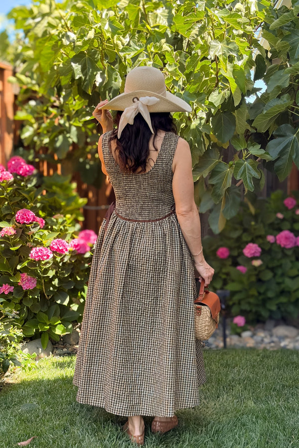 womens brown gingham dress Brown Gingham Smocked Midi Dress