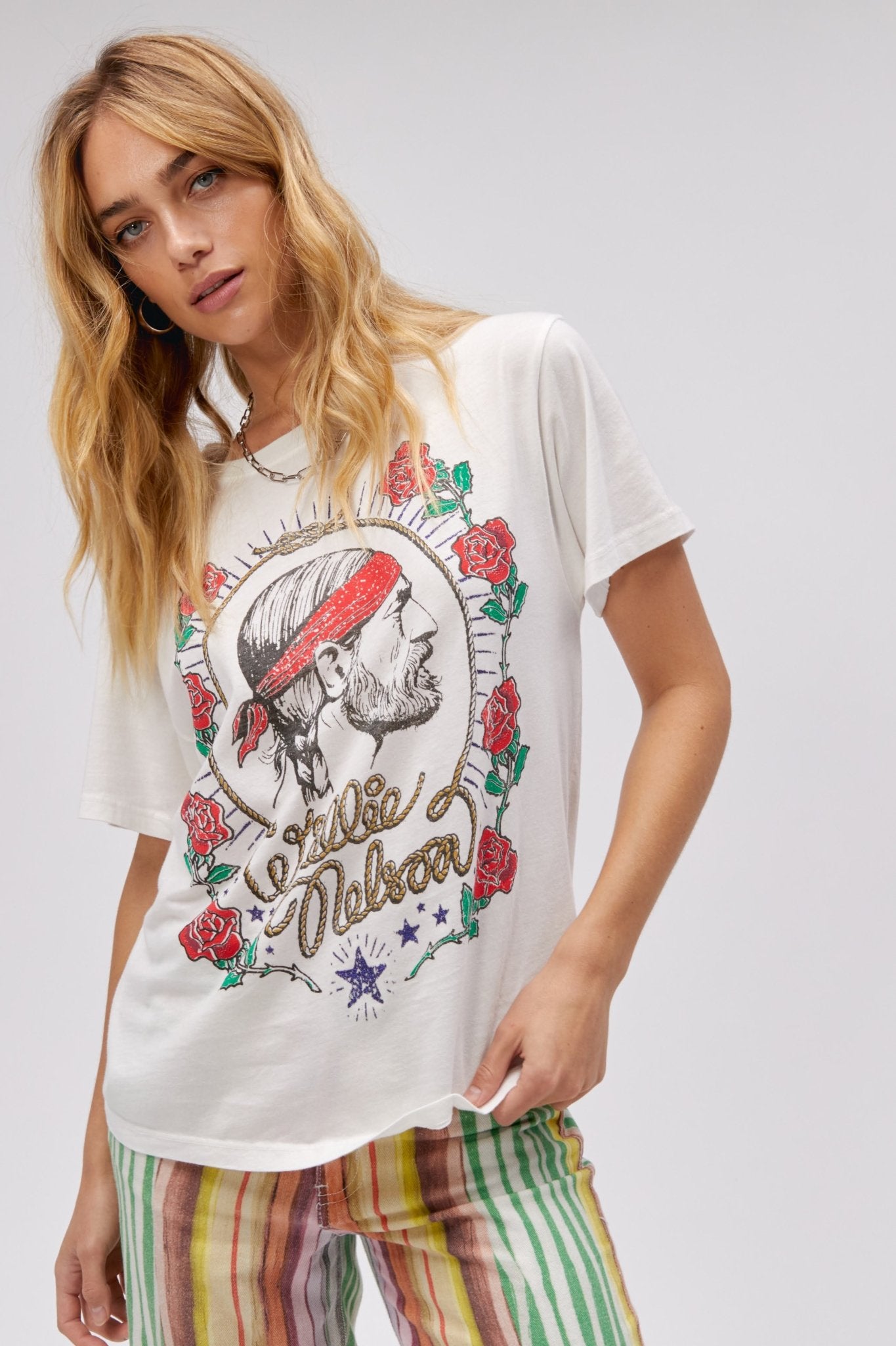 Daydreamer LA | Willie Nelson Boyfriend Tee | Vintage White - Women's Shirts & Tops - Blooming Daily