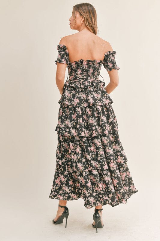 Elegant Romance Unveiled | Black Floral Print Maxi Dress with Tiered Ruffles - Women&#39;s Dresses - Blooming Daily