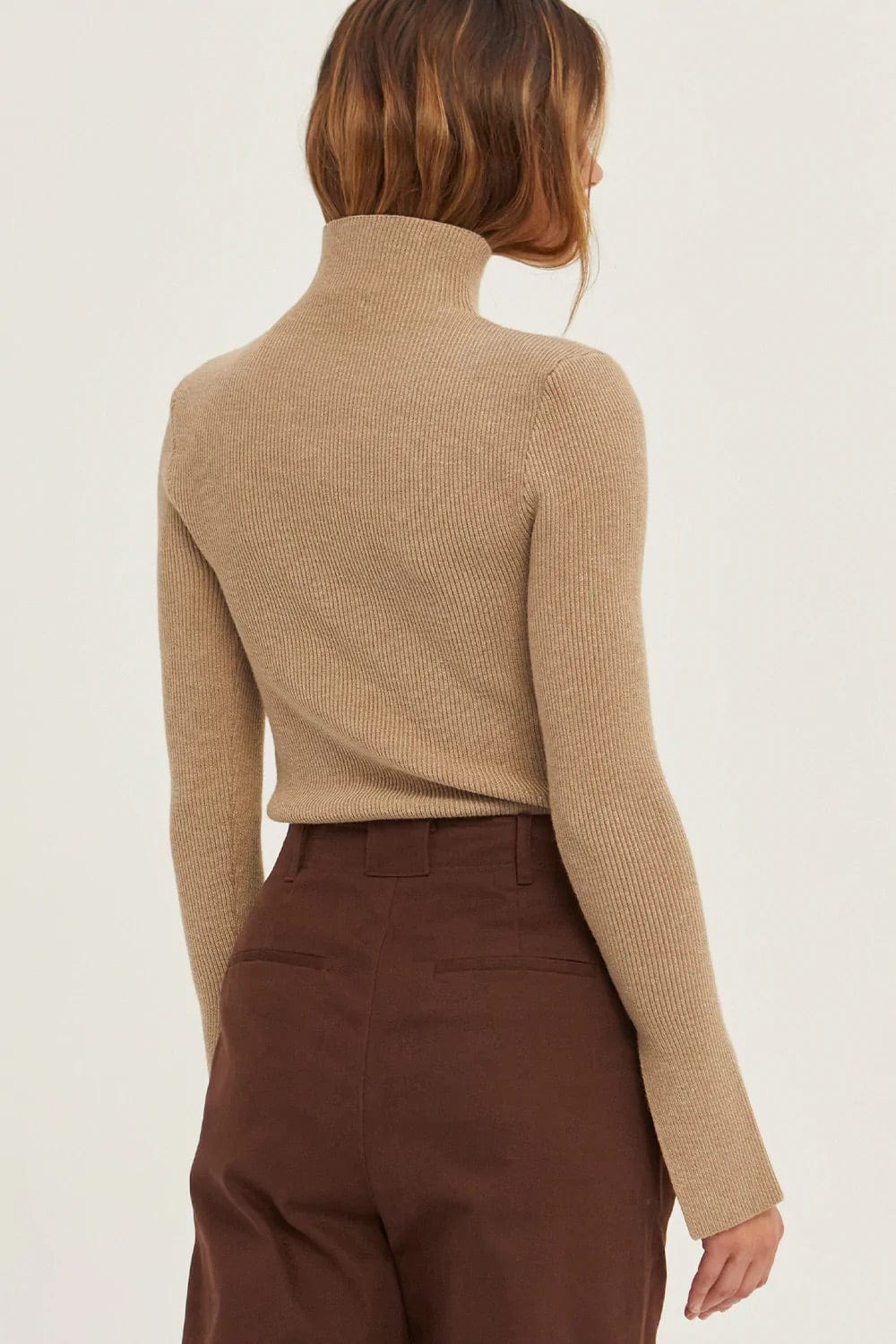 Erika Ribbed Knit Fitted Turtleneck Sweater Top in Taupe - Shirts &amp; Tops - Blooming Daily