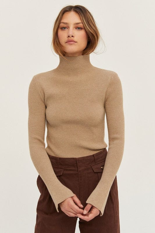 Erika Ribbed Knit Fitted Turtleneck Sweater Top in Taupe - Shirts & Tops - Blooming Daily