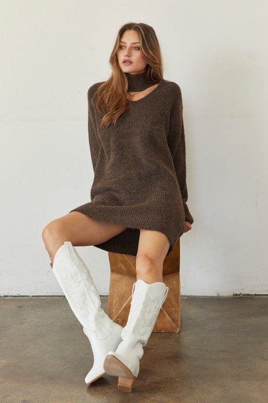 Gabriela Mock Neck Chocolate Sweater Dress - Dresses - Blooming Daily