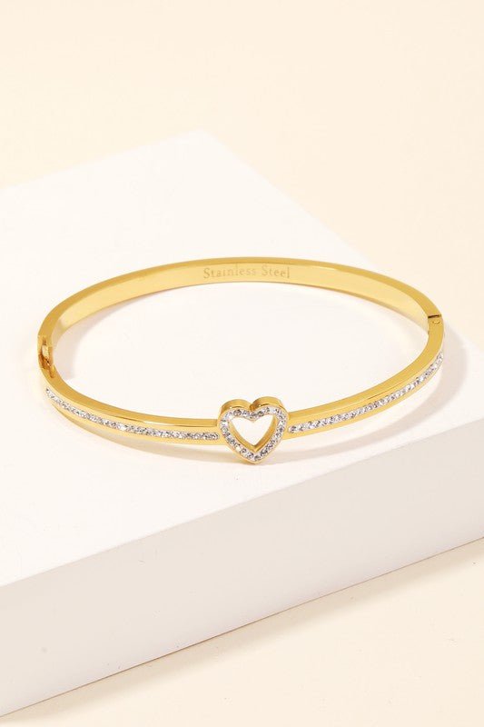 Heart Pave Bangle Cubic Zirconia Stainless Steel | Gold - Women&#39;s Jewelry - Blooming Daily