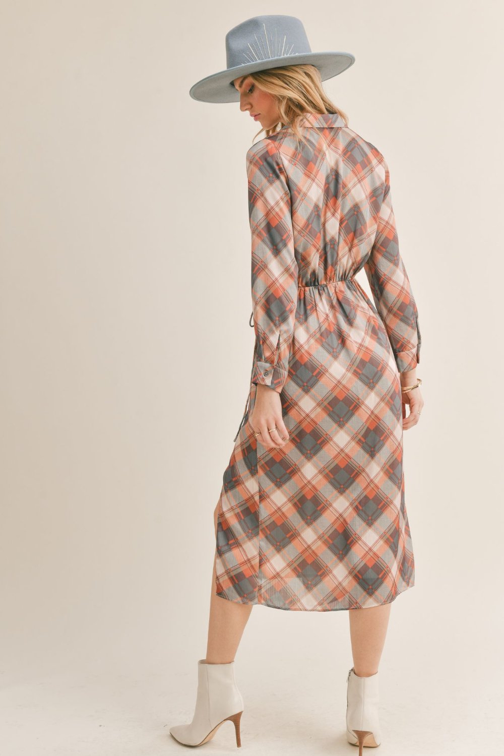 Plaid Surplice Midi Dress | Gray Multi - Women&#39;s Dresses - Blooming Daily