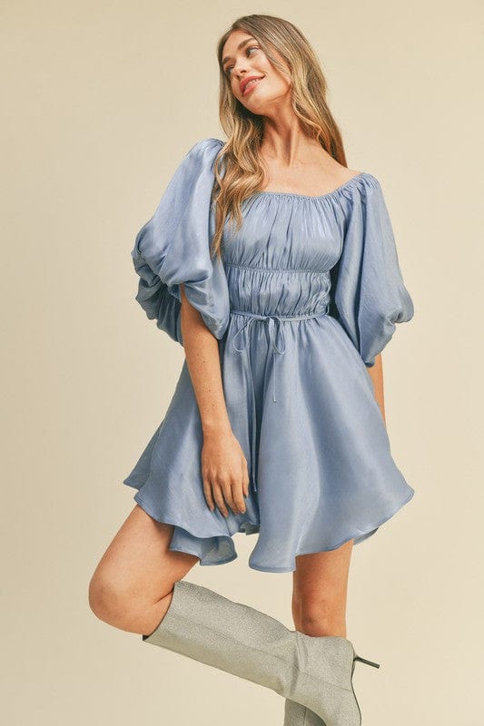 Blue Metallic Bubble Sleeve Flared Mini Dress Medium Blue Metallic Bubble Sleeve Flared Mini Dress Medium