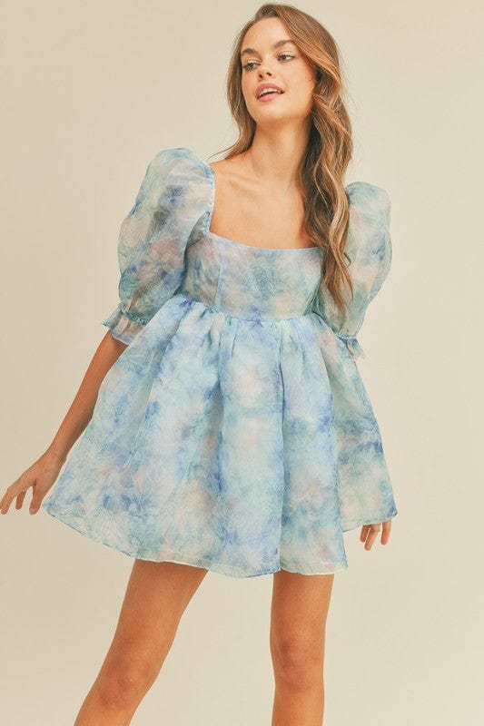 Puff Sleeve Organza Mini Dress Sky Blue Cupcake - Dresses - Blooming Daily