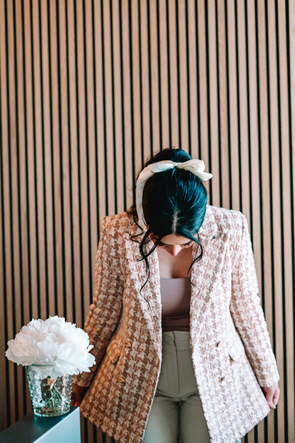 Rosé Double Breasted Long Line Rose Gold Houndstooth Pink Tweed Blazer - Blazer - Blooming Daily