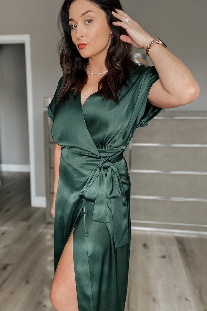 Sophia Collared Short Sleeve Midi Satin Wrap Dress in Forest Green - Blooming Daily
