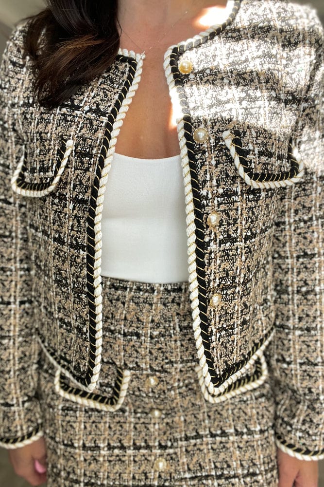 Timeless Designer Style Tweed Jacket with Pearl Buttons in Beige - Coats &amp; Jackets - Blooming Daily