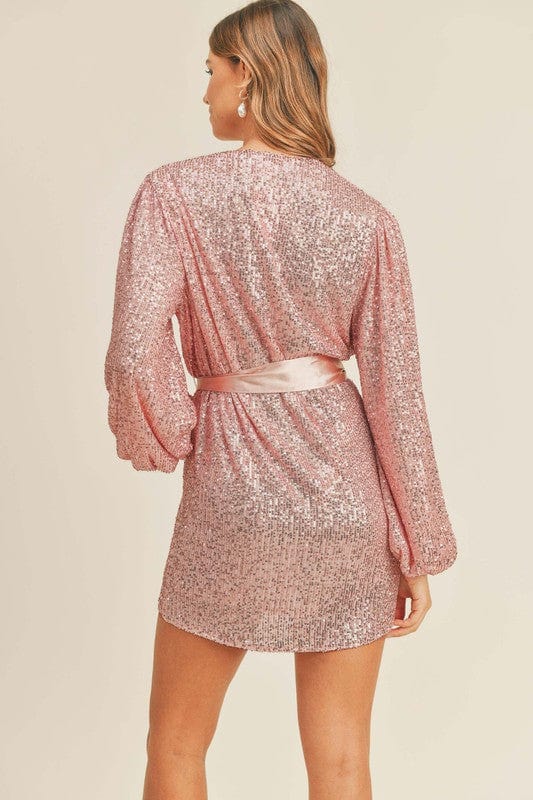 Twinkle Twinkle Balloon Sleeve Sequin Wrap Dress in Pink - Dress - Blooming Daily