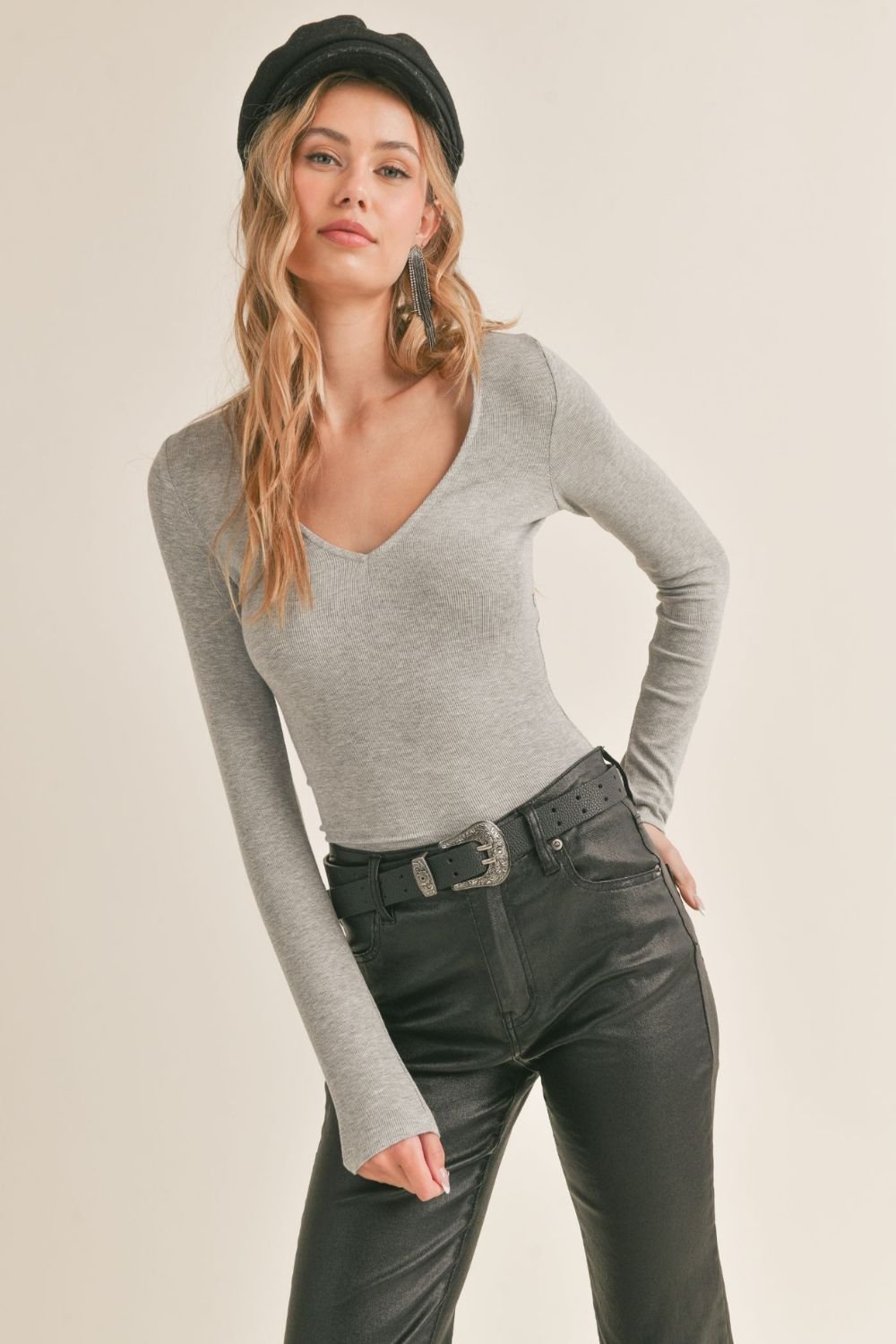Women&#39;s Basic Baby Rib Knit Long Sleeve Top | Heather Gray - Women&#39;s Shirts &amp; Tops - Blooming Daily