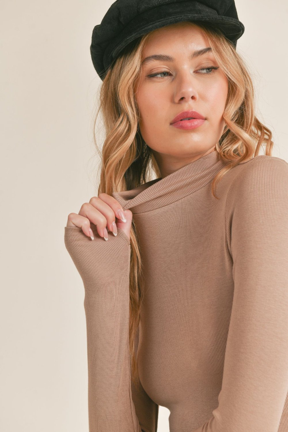 Women's Basic Rib Knit Long Sleeve Mock Neck Top | Taupe - Women's Shirts & Tops - Blooming Daily