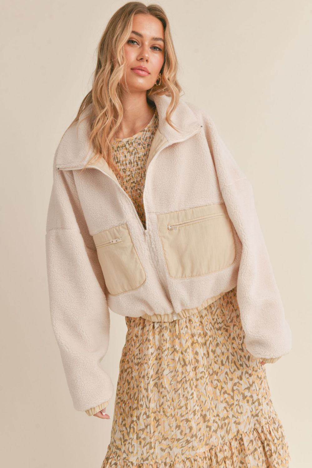 Women's Cozy Fleece Jacket | Zip Front Coat | Ivory - Women's Jacket - Blooming Daily