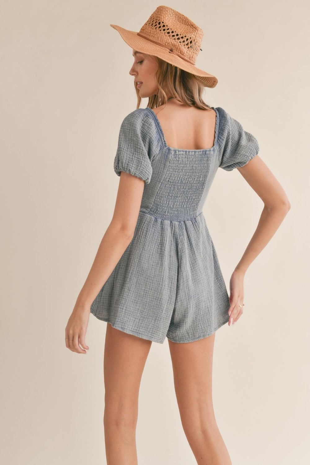 Women&#39;s Garment Washed Cotton Romper | Blue - Blooming Daily