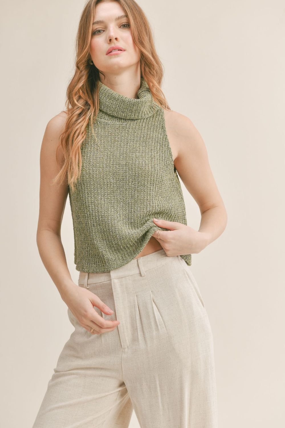 Women's Knit Sleeveless Turtleneck Tank | Sadie & Sage | Olive Green - Women's Shirts & Tops - Blooming Daily
