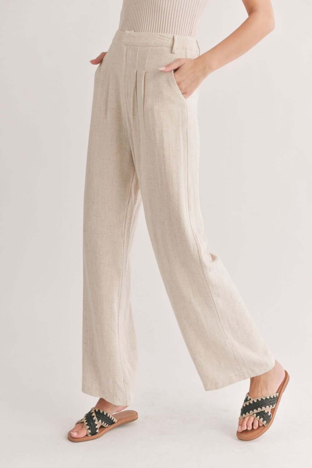 Women's Linen Blend Pleated Trouser Pants | Oatmeal - Women's Pants - Blooming Daily