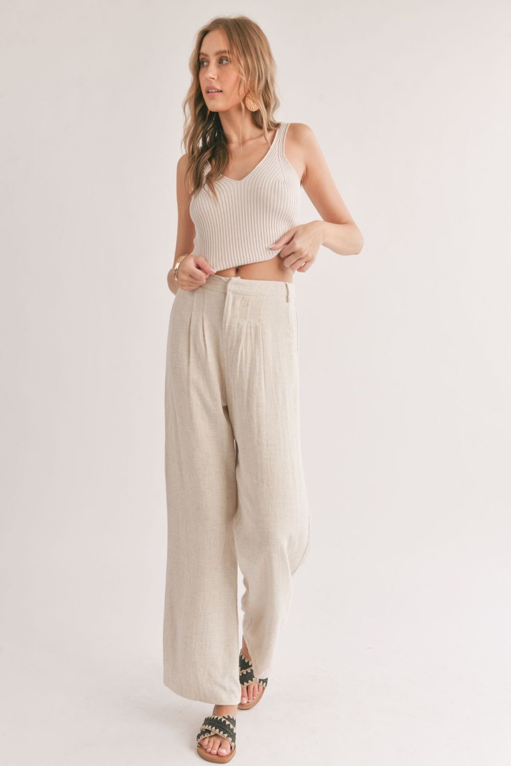 Women&#39;s Linen Blend Pleated Trouser Pants | Oatmeal - Women&#39;s Pants - Blooming Daily