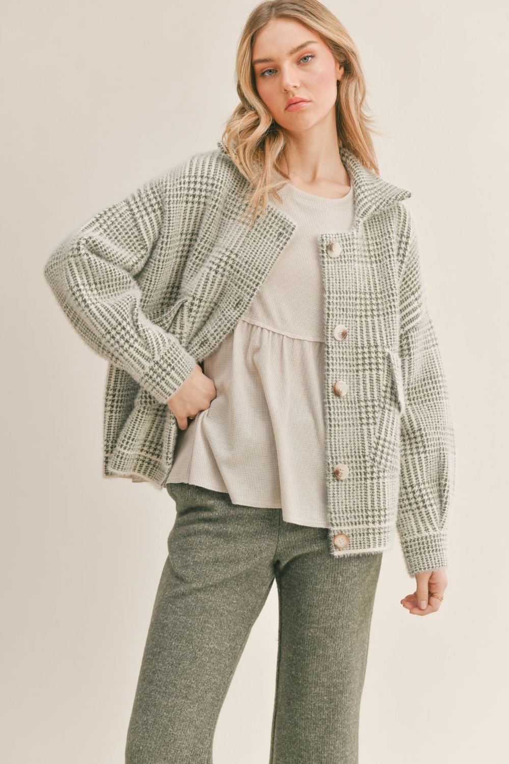 Women&#39;s Plaid Sweater Jacket | Sage The Label | Ivory Olive - Women&#39;s Shirts &amp; Tops - Blooming Daily
