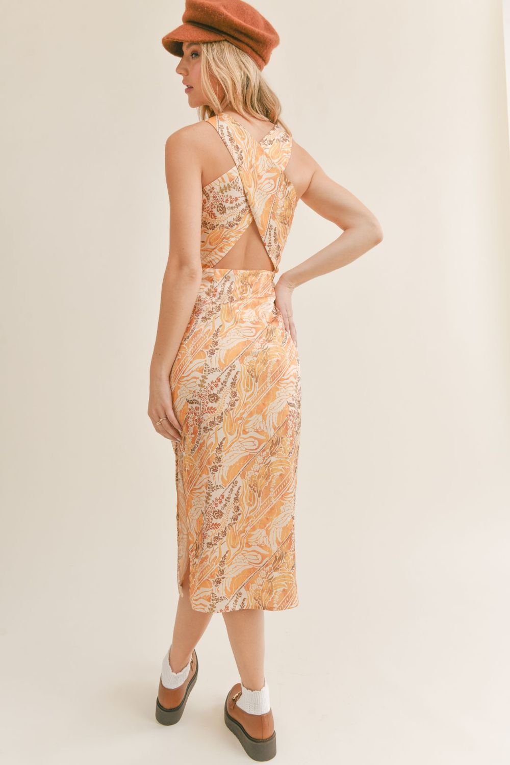 Women&#39;s Satin Criss Cross Midi Dress | Sage The Label | Yellow Multi - Women&#39;s Dresses - Blooming Daily