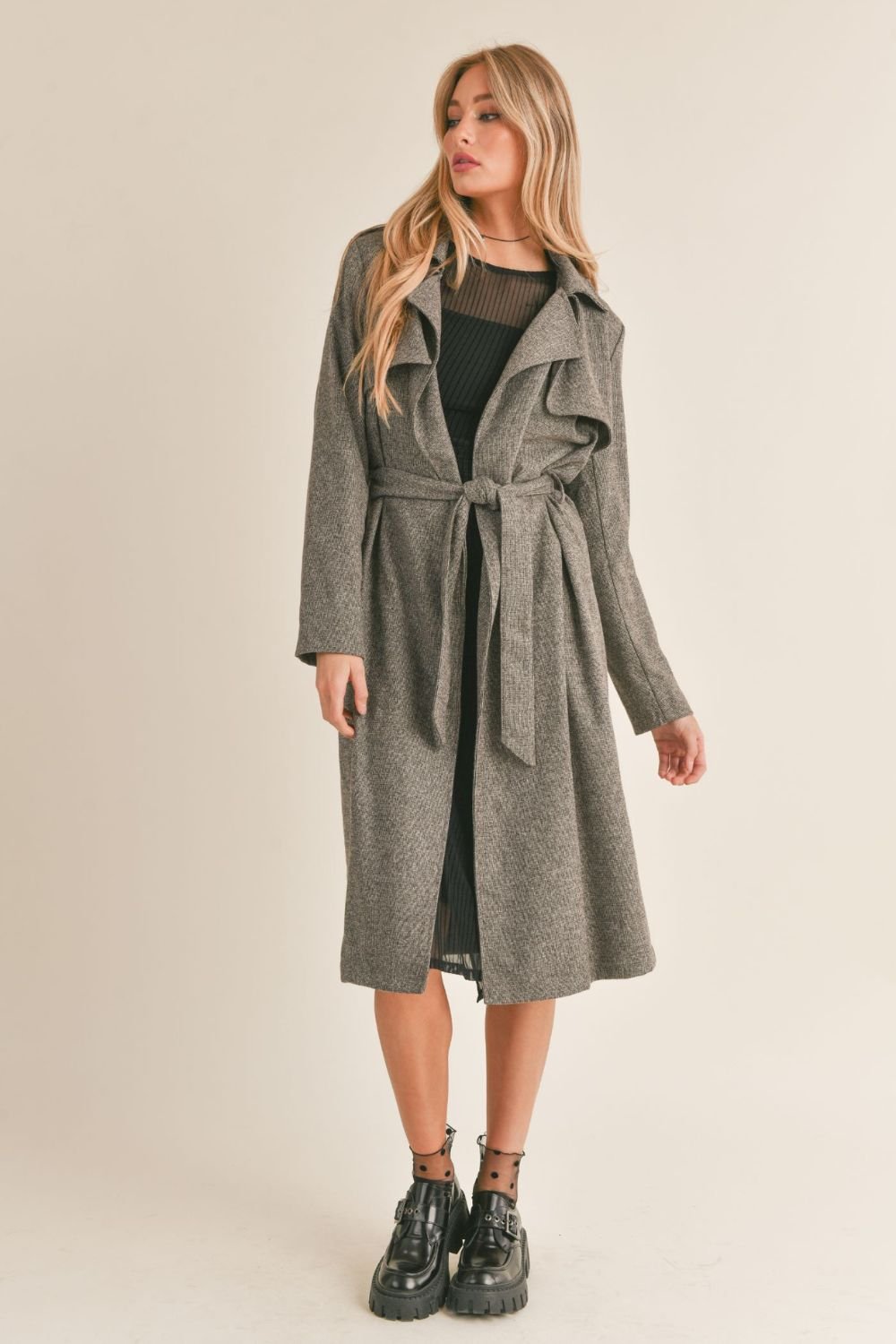 Women's Trench Coat | Long Jacket | Mini Plaid | Brown Multi - Women's Jacket - Blooming Daily