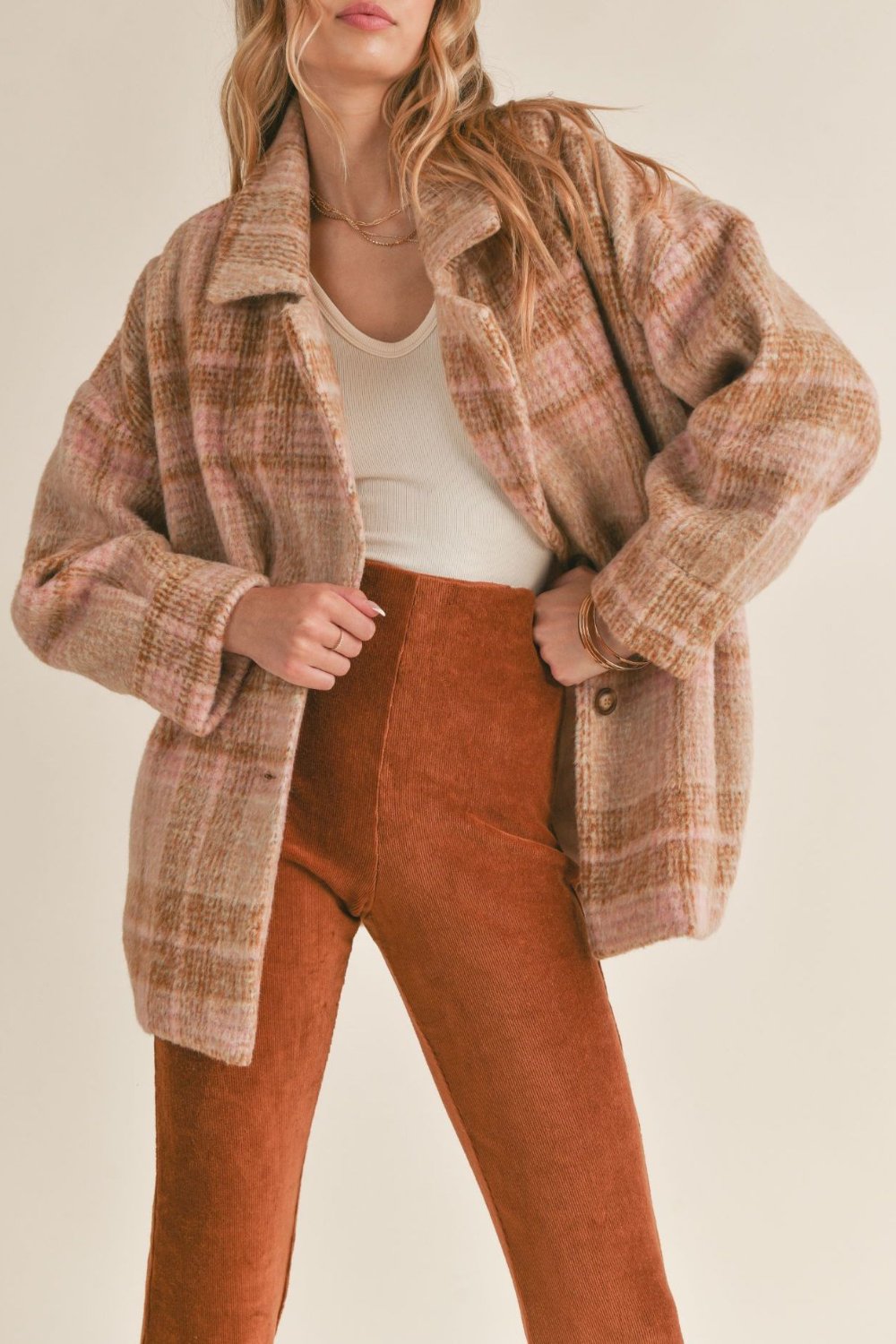Women's Vintage Fit Plaid Shacket Coat | Camel Pink - Women's Jacket - Blooming Daily