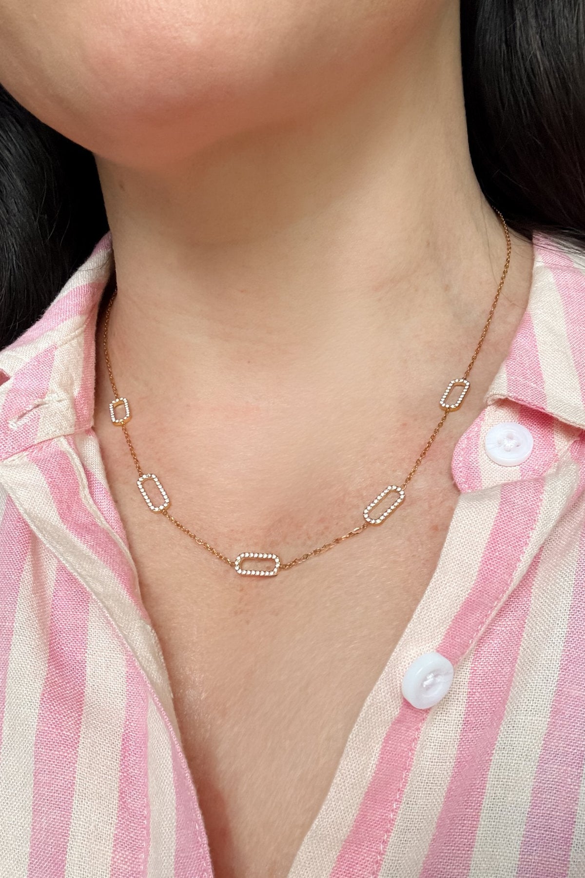 18K Gold Non - Tarnish Crystal Paperclip Necklace - Women's Jewelry - Blooming Daily