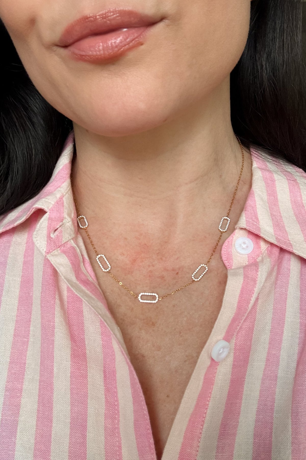 18K Gold Non - Tarnish Crystal Paperclip Necklace - Women's Jewelry - Blooming Daily