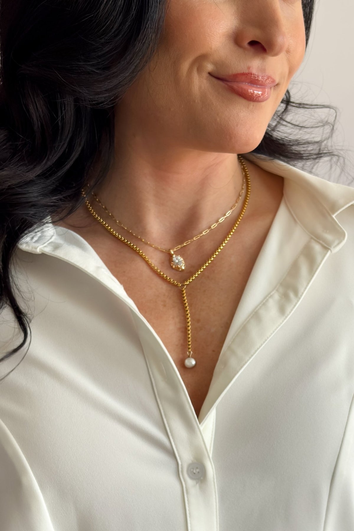 18K Gold - Plated Stainless Steel Pearl Lariat Y - Necklace – Gold - Women&#39;s Jewelry - Blooming Daily