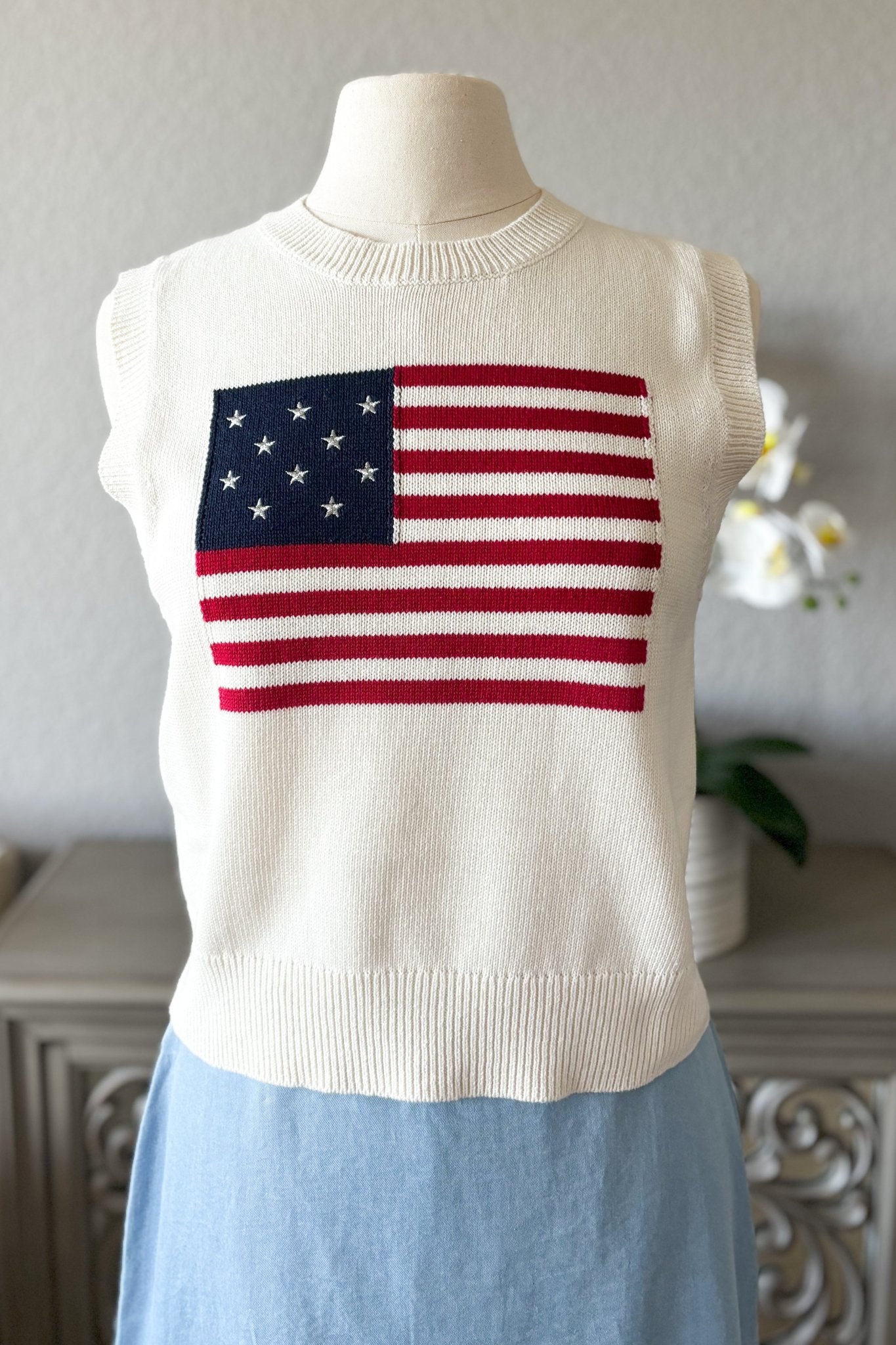 American Flag 90's Sweater Vest Tank Top | Ivory - Women's Shirts & Tops - Blooming Daily