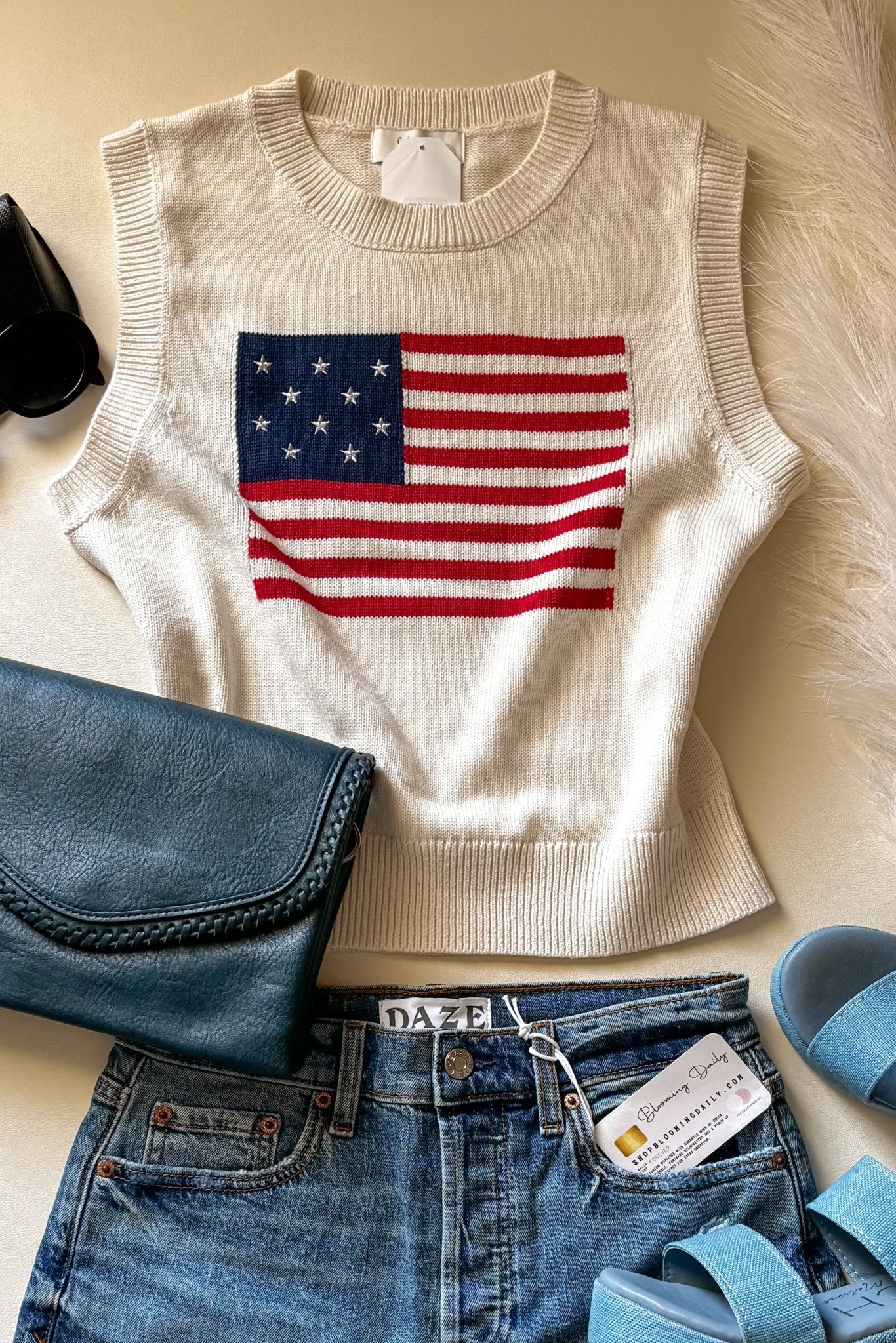 American Flag 90's Sweater Vest Tank Top | Ivory - Women's Shirts & Tops - Blooming Daily