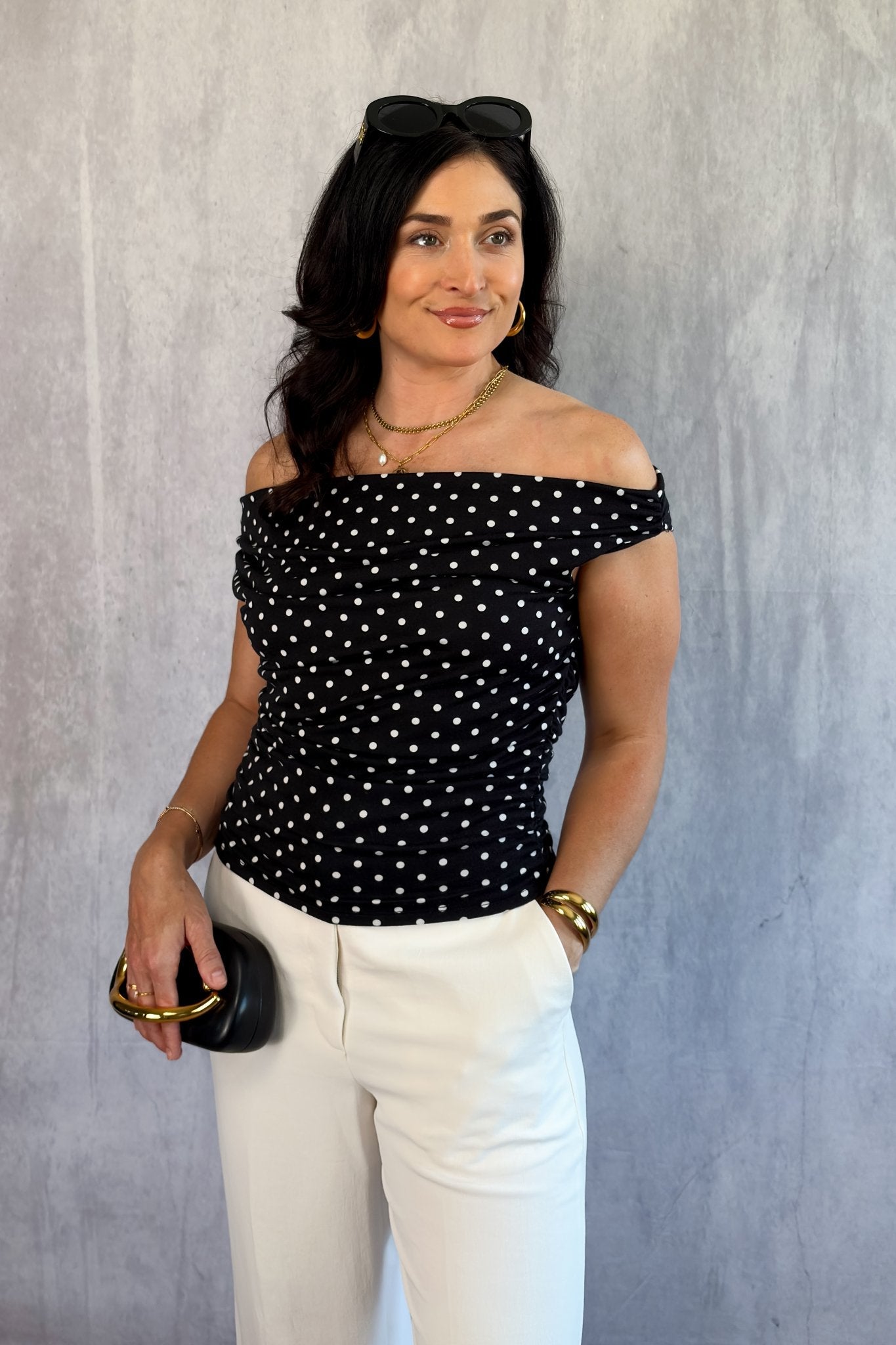 Bardot Off The Shoulder Top | Spotty Top Womens - Women's Shirts & Tops - Blooming Daily