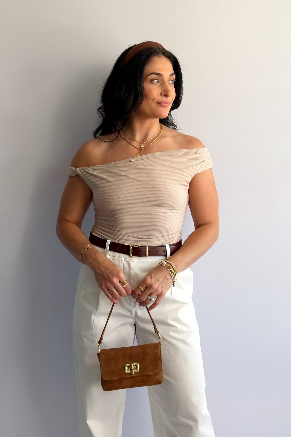 Beige Ribbed Off‑Shoulder Bardot Top – Soft Knit, Versatile &amp; Feminine - Women&#39;s Shirts &amp; Tops - Blooming Daily