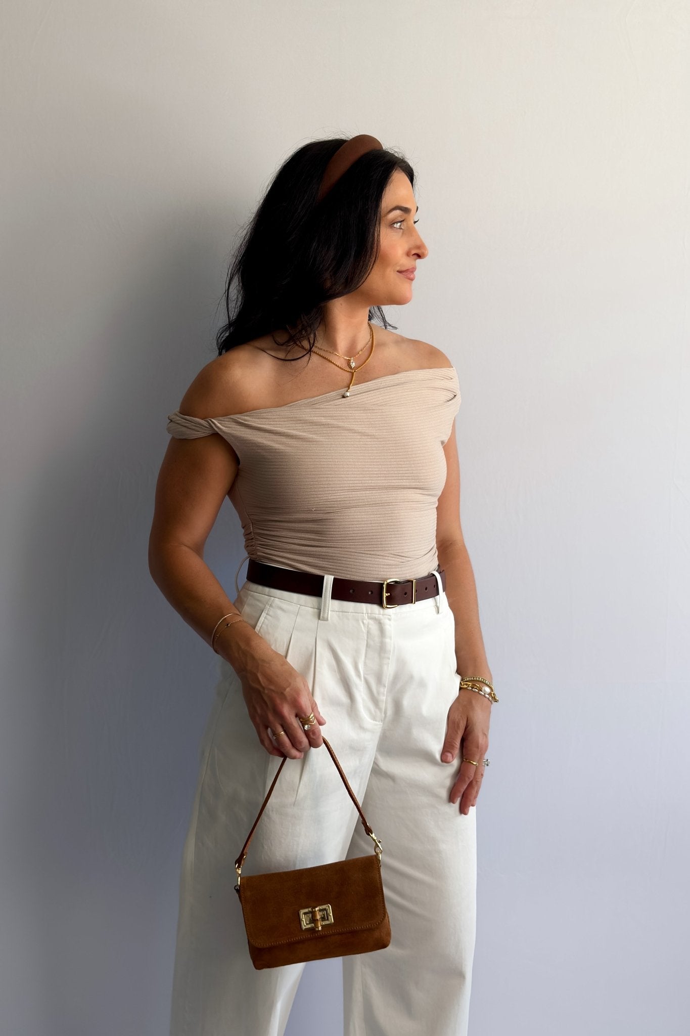 Beige Ribbed Off‑Shoulder Bardot Top – Soft Knit, Versatile & Feminine - Women's Shirts & Tops - Blooming Daily