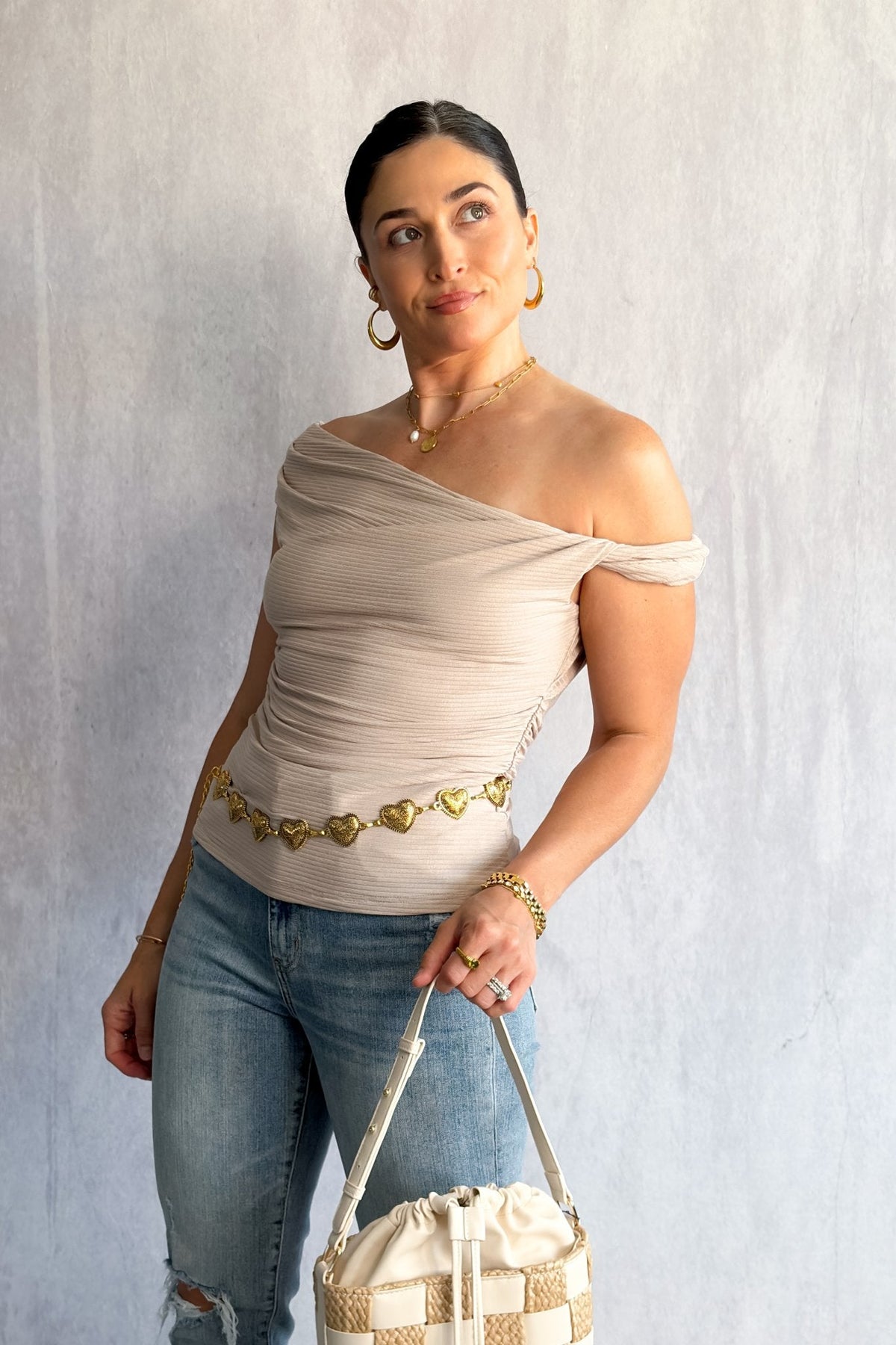 Beige Ribbed Off‑Shoulder Bardot Top – Soft Knit, Versatile &amp; Feminine - Women&#39;s Shirts &amp; Tops - Blooming Daily