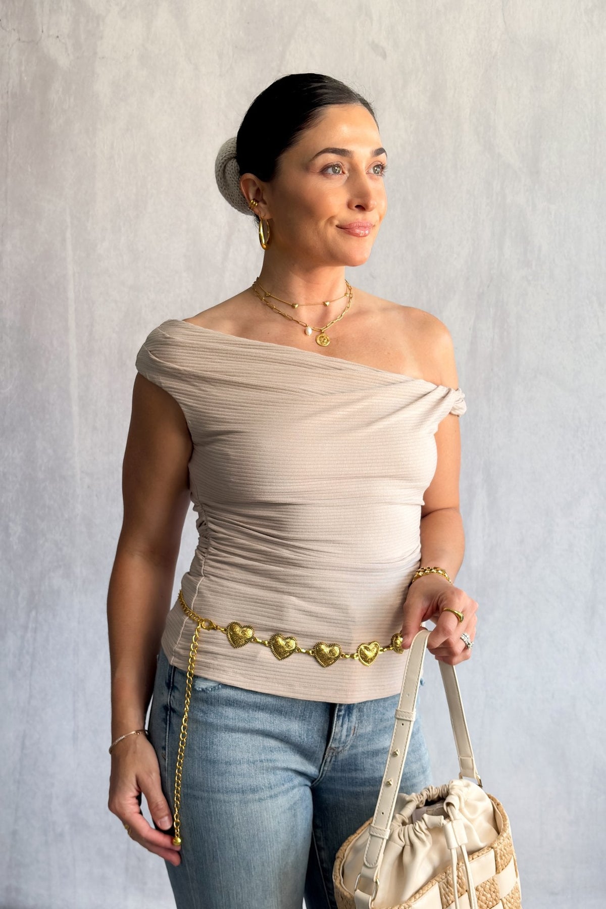Beige Ribbed Off‑Shoulder Bardot Top – Soft Knit, Versatile &amp; Feminine - Women&#39;s Shirts &amp; Tops - Blooming Daily