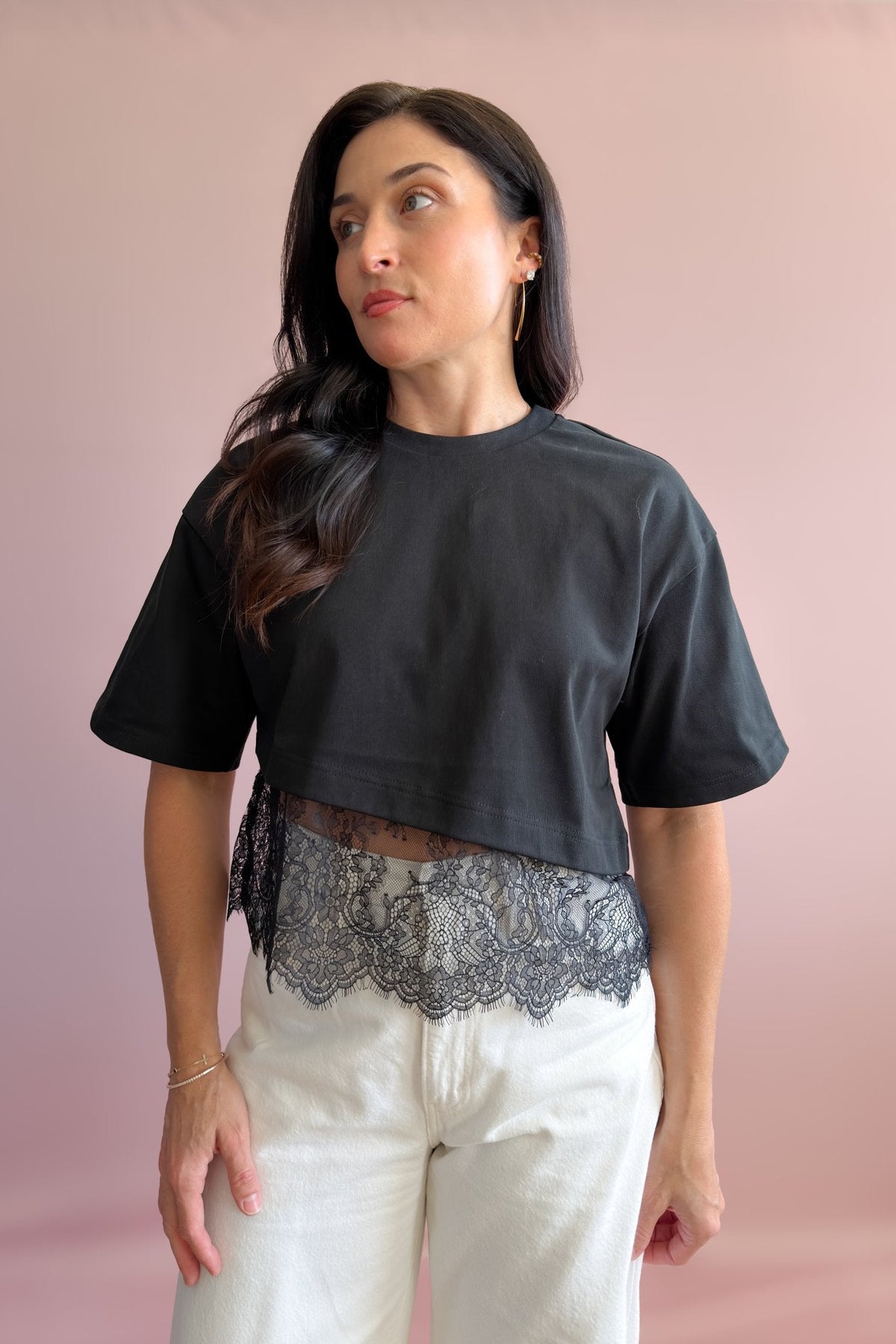 Women’s black lace detail top with structured cotton body and flattering relaxed silhouette