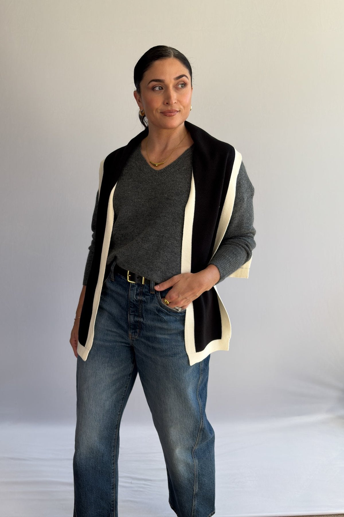 Black and Cream Knit Shoulder Wrap – Sweater Scarf Collar - Women&#39;s Shirts &amp; Tops - Blooming Daily