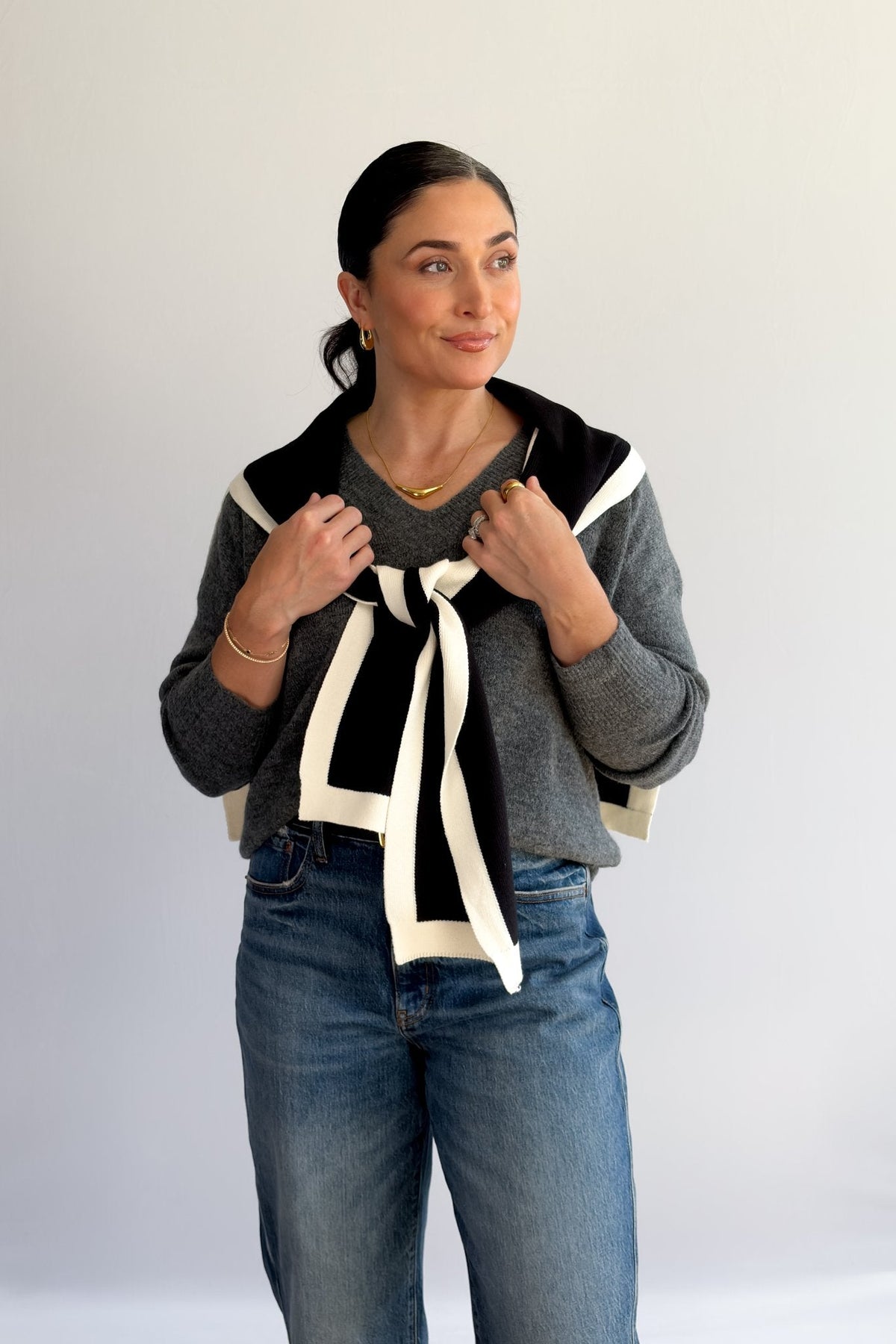 Black and Cream Knit Shoulder Wrap – Sweater Scarf Collar - Women&#39;s Shirts &amp; Tops - Blooming Daily