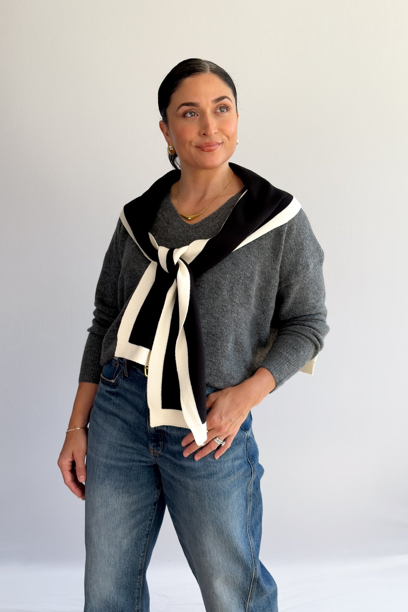Black and Cream Knit Shoulder Wrap – Sweater Scarf Collar - Women's Shirts & Tops - Blooming Daily