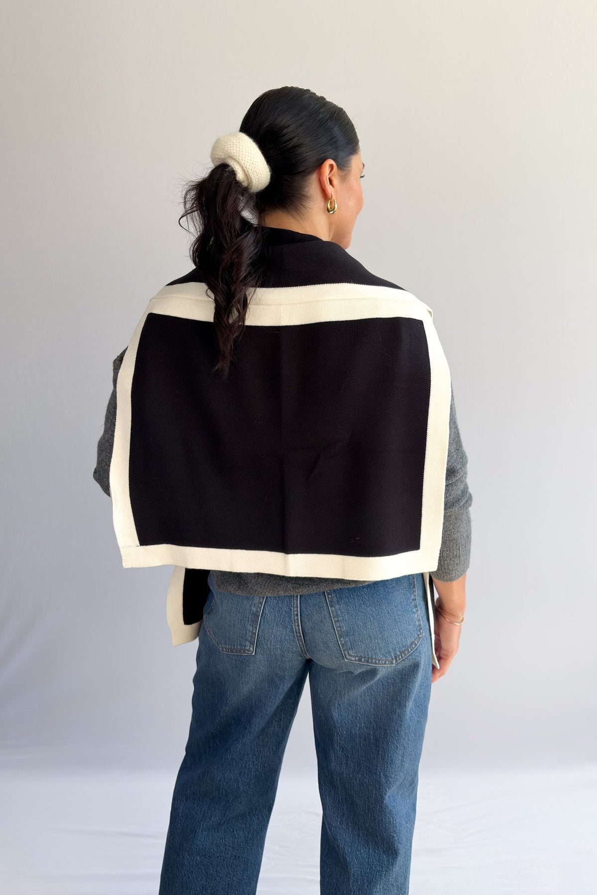 Black and Cream Knit Shoulder Wrap – Sweater Scarf Collar - Women&#39;s Shirts &amp; Tops - Blooming Daily