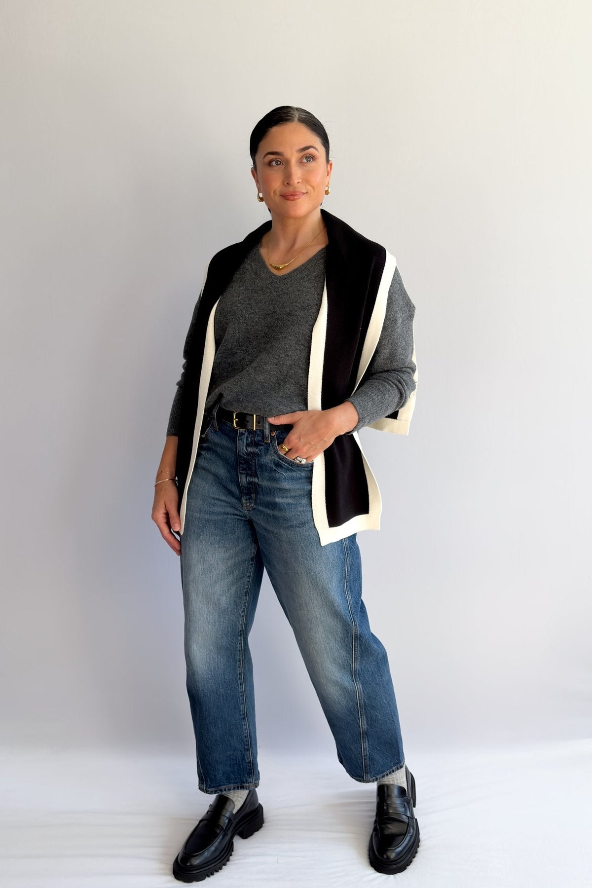 Black and Cream Knit Shoulder Wrap – Sweater Scarf Collar - Women&#39;s Shirts &amp; Tops - Blooming Daily