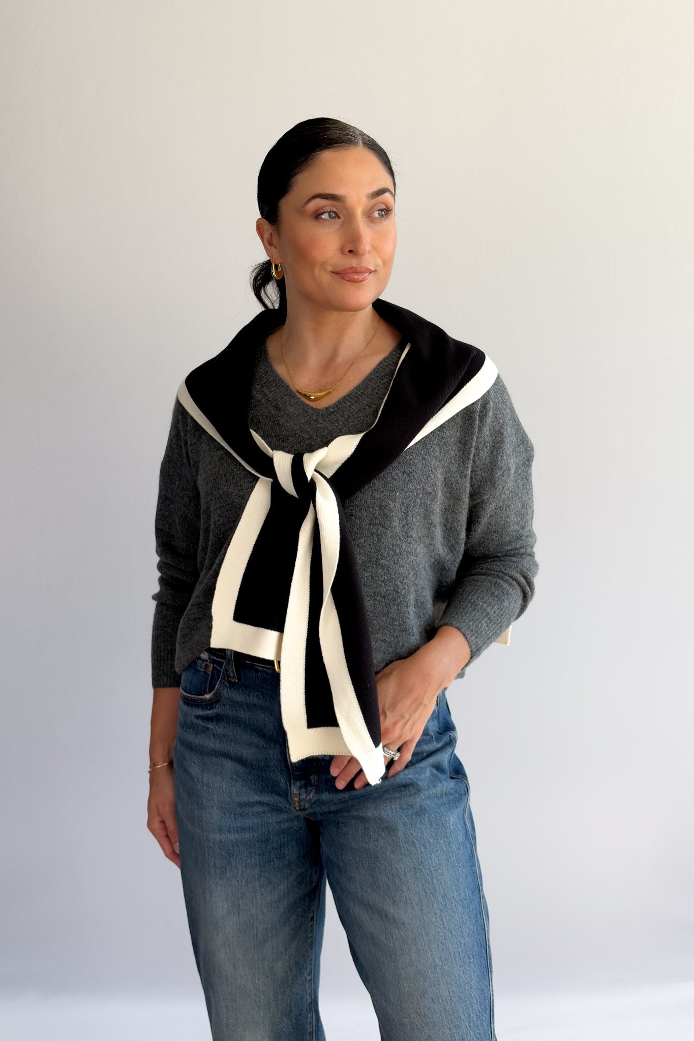 Black and Cream Knit Shoulder Wrap – Sweater Scarf Collar - Women's Shirts & Tops - Blooming Daily