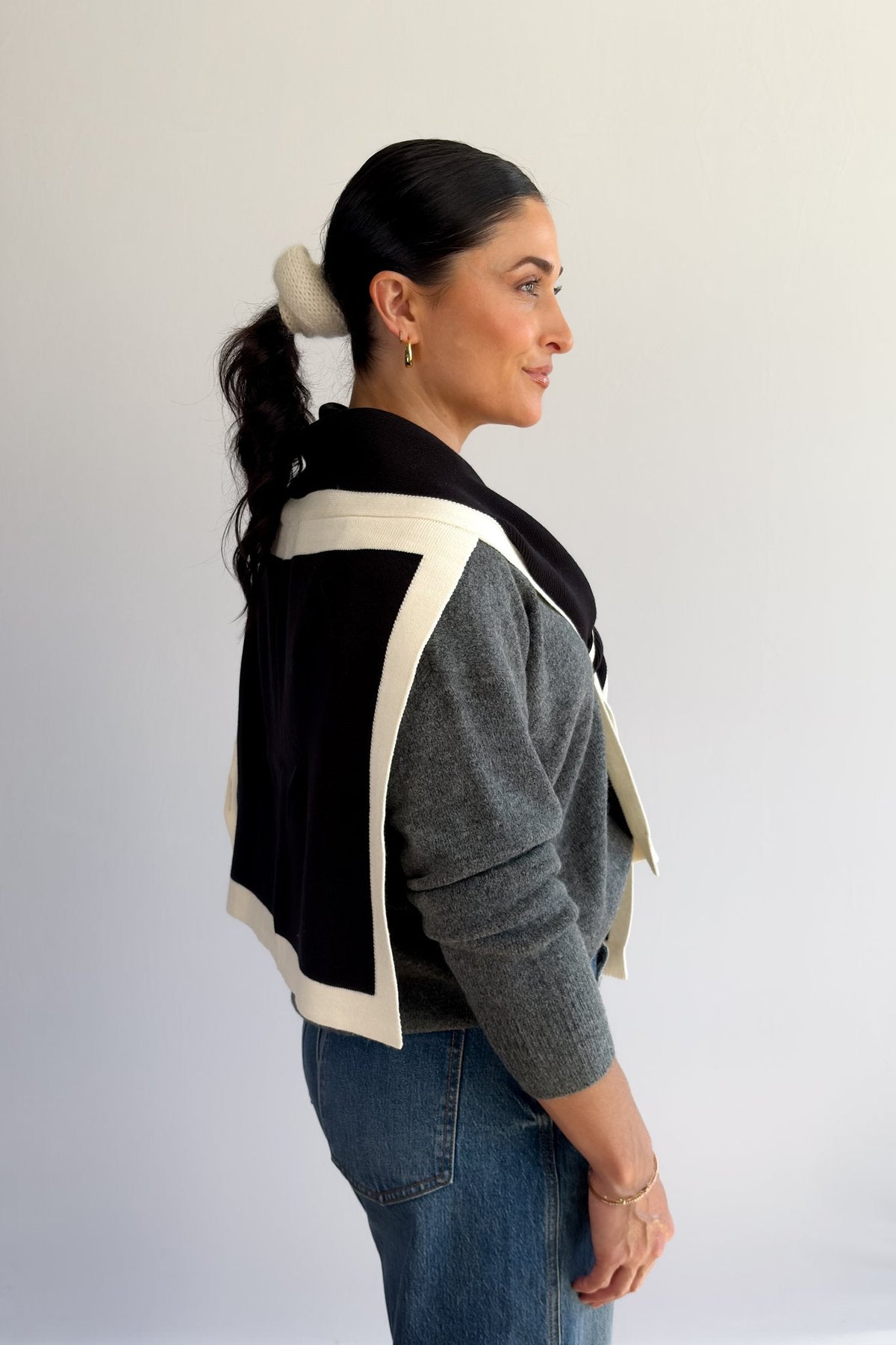 Black and Cream Knit Shoulder Wrap – Sweater Scarf Collar - Women&#39;s Shirts &amp; Tops - Blooming Daily
