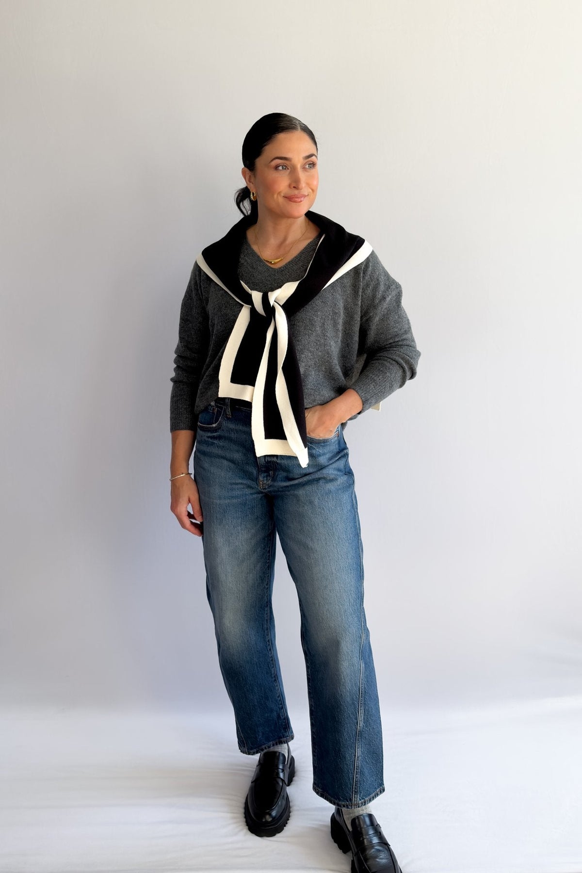 Black and Cream Knit Shoulder Wrap – Sweater Scarf Collar - Women&#39;s Shirts &amp; Tops - Blooming Daily
