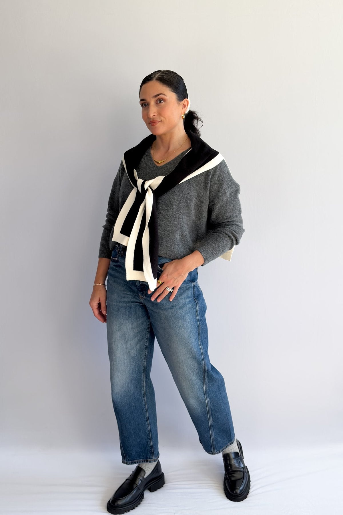 Black and Cream Knit Shoulder Wrap – Sweater Scarf Collar - Women&#39;s Shirts &amp; Tops - Blooming Daily