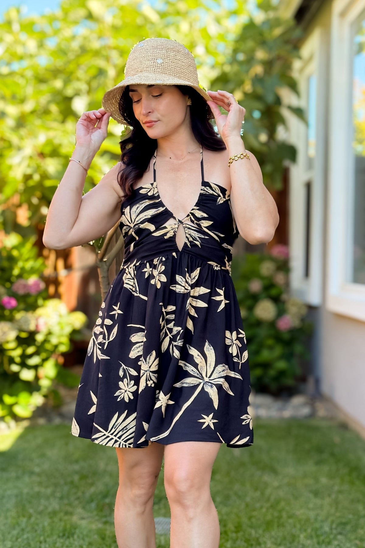 Black Floral Keyhole Halter Mini Dress - Women's Dresses - Blooming Daily