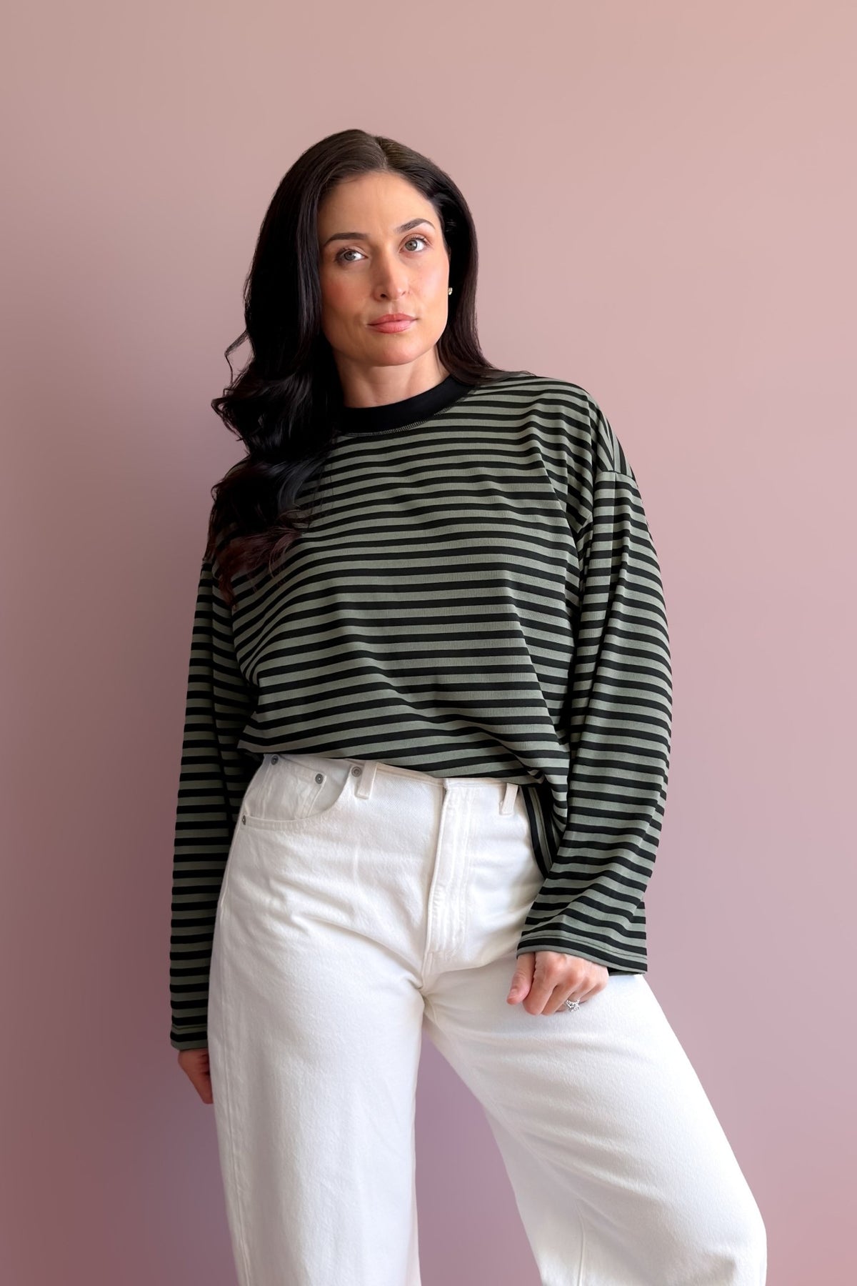 Black and olive oversized striped long sleeve tee with relaxed boxy fit and drop shoulders