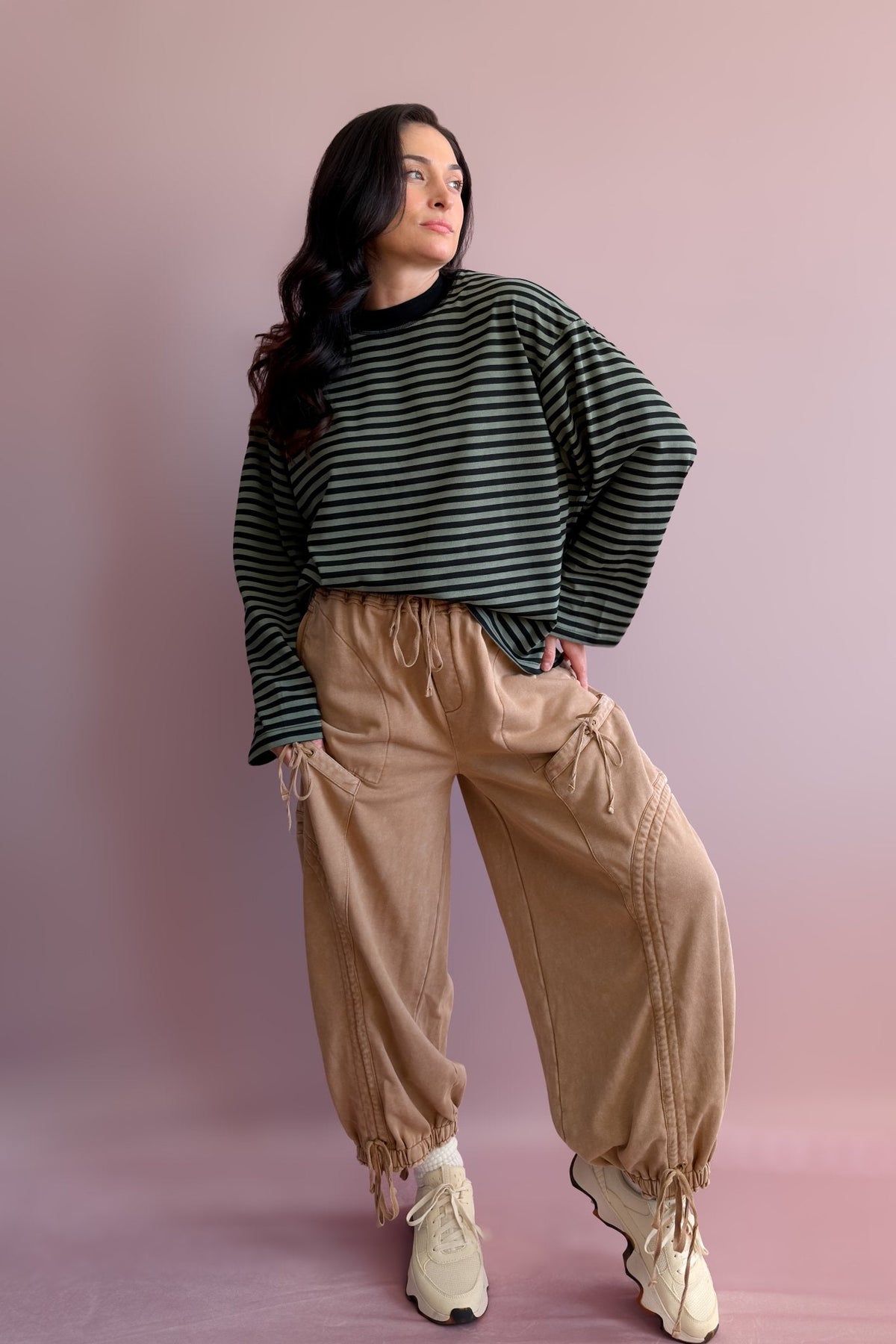 1. Black and olive striped everyday top with crew neckline, boxy fit and relaxed long sleeves