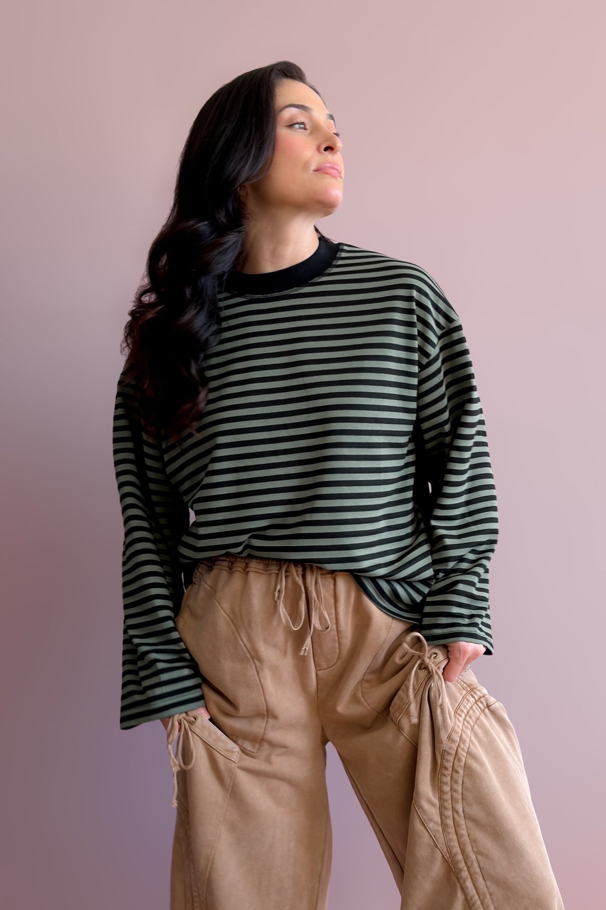 Oversized black and olive striped top with soft cotton blend and casual everyday fit
