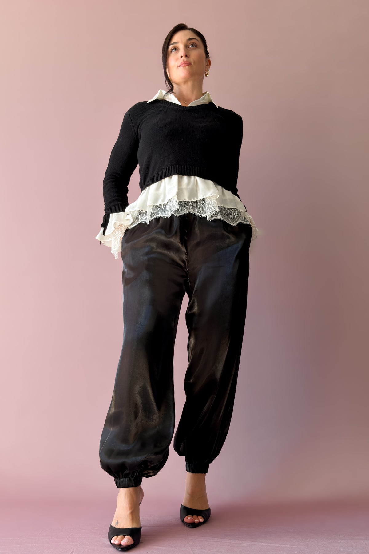 Black dress pants with pajama-level comfort and relaxed balloon-leg shape